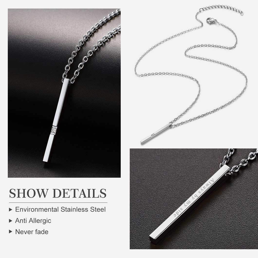 SIGNATURE – Stainless Steel Created Diamond Bar Pendant Necklace With Resizable Rolo Chain