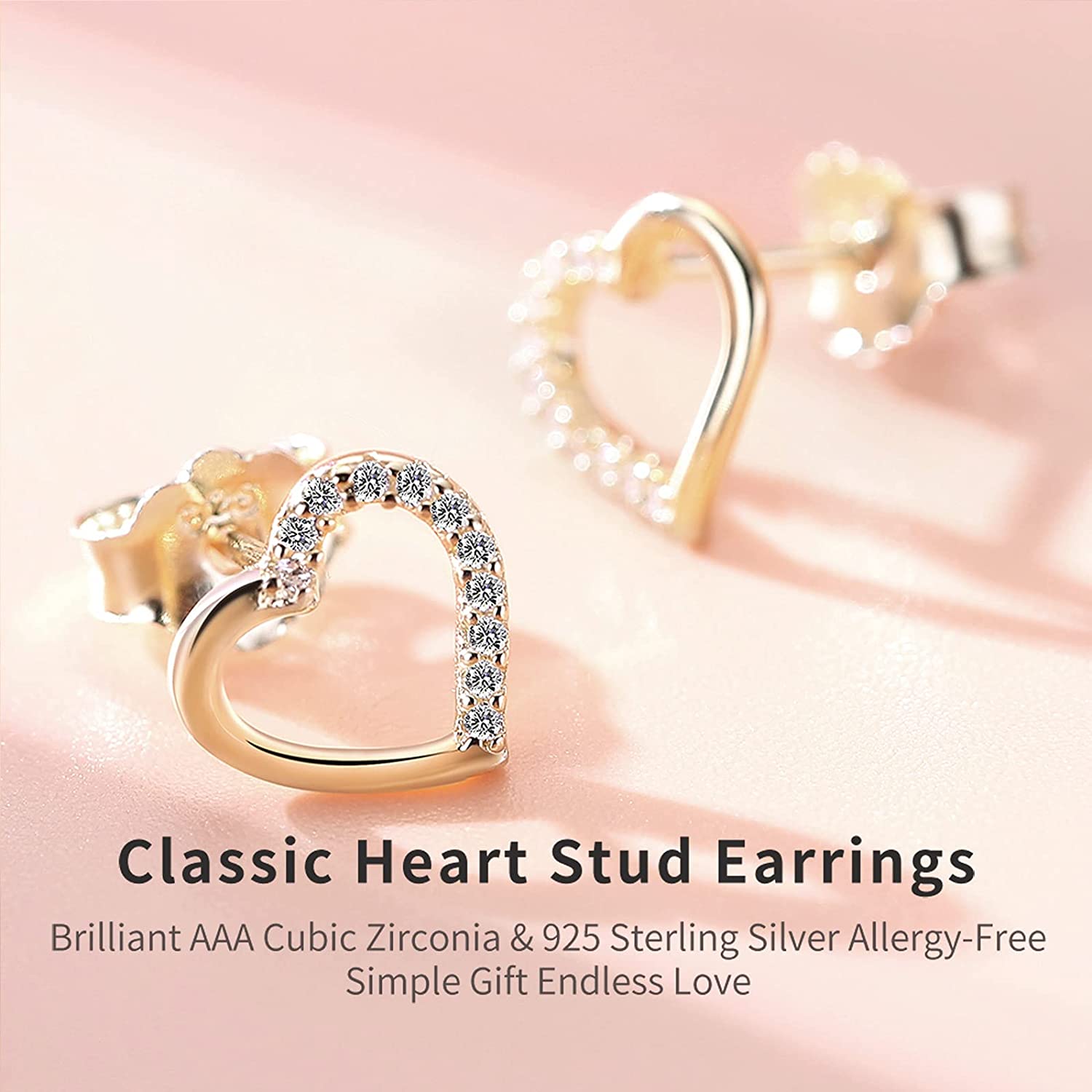 AMOUR – 925 Sterling Silver Studs With Sparkling Created Diamond Yellow Gold Finish Heart Shape For Women