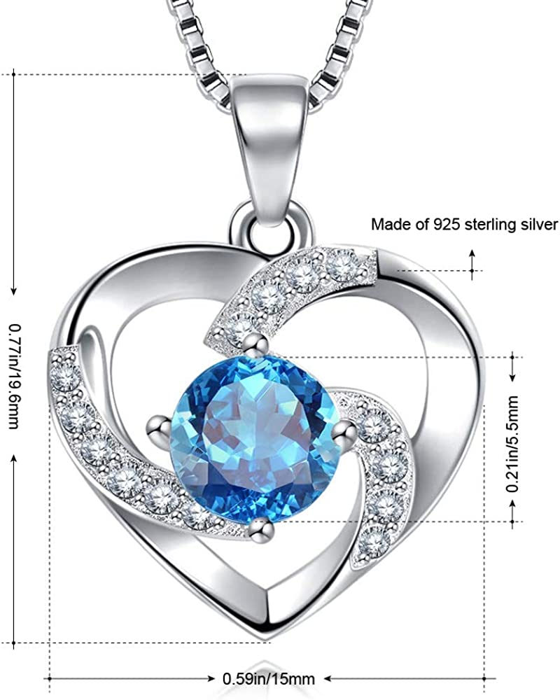 Amour – WHITE GOLD FINISH 925 Sterling Silver Round Cut Blue Topaz Created Diamond Heart Swirl Necklace