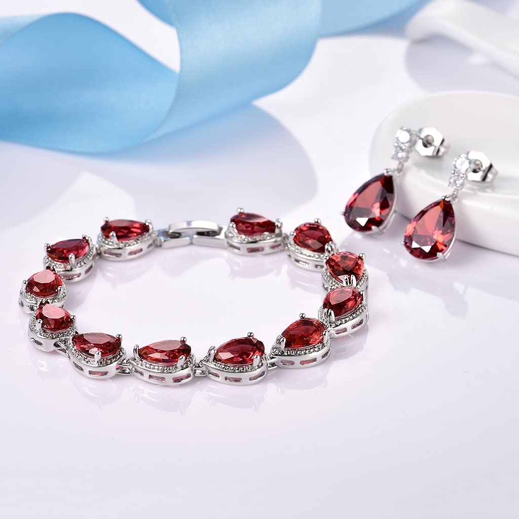 Classic Pearcut – White Gold Finish Red Ruby Created Diamond Teardrop Party Earrings + Bracelet