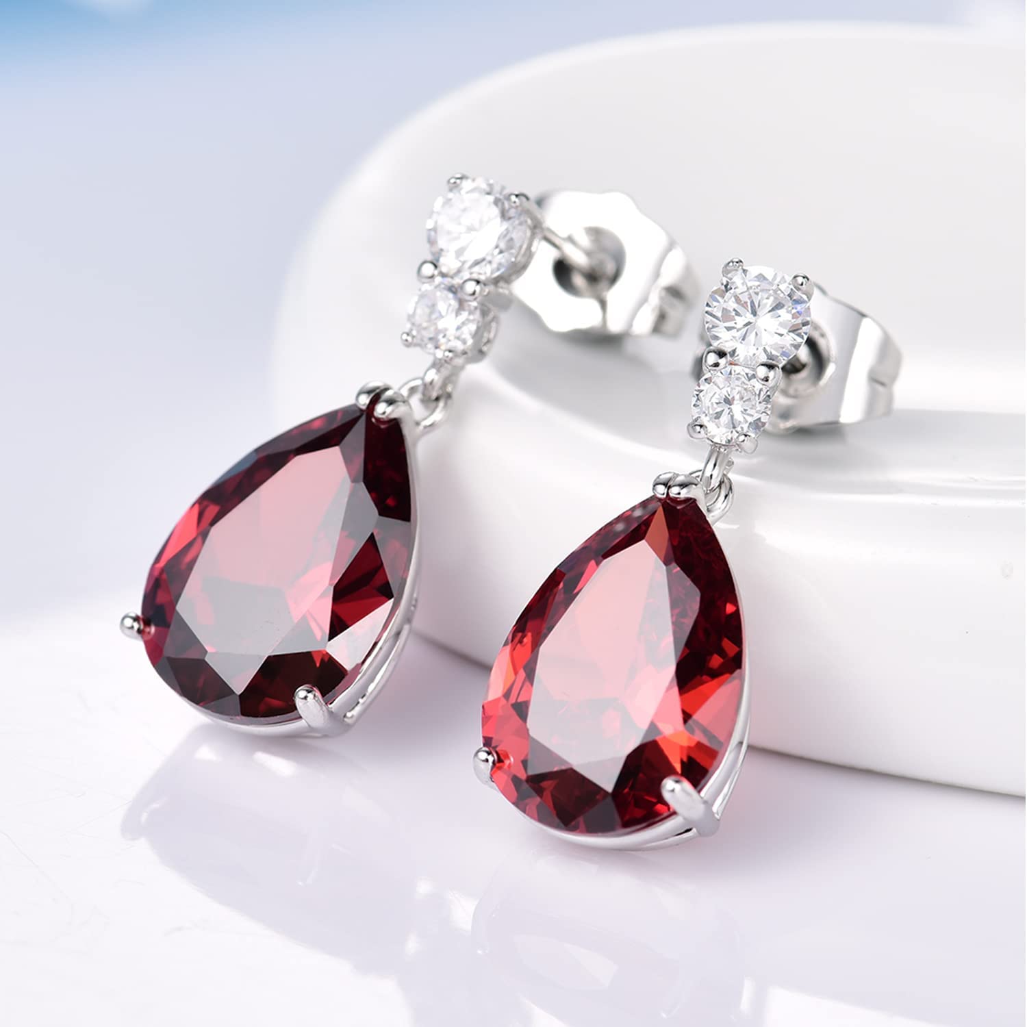 Classic Pearcut – White Gold Finish Red Ruby Created Diamond Teardrop Party Earrings