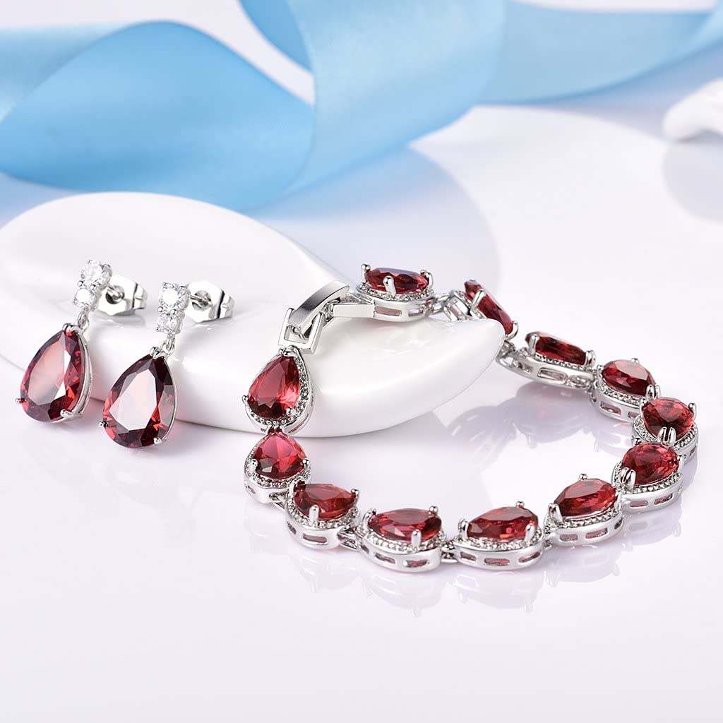 Classic Pearcut – White Gold Finish Red Ruby Created Diamond Teardrop Party Earrings + Bracelet