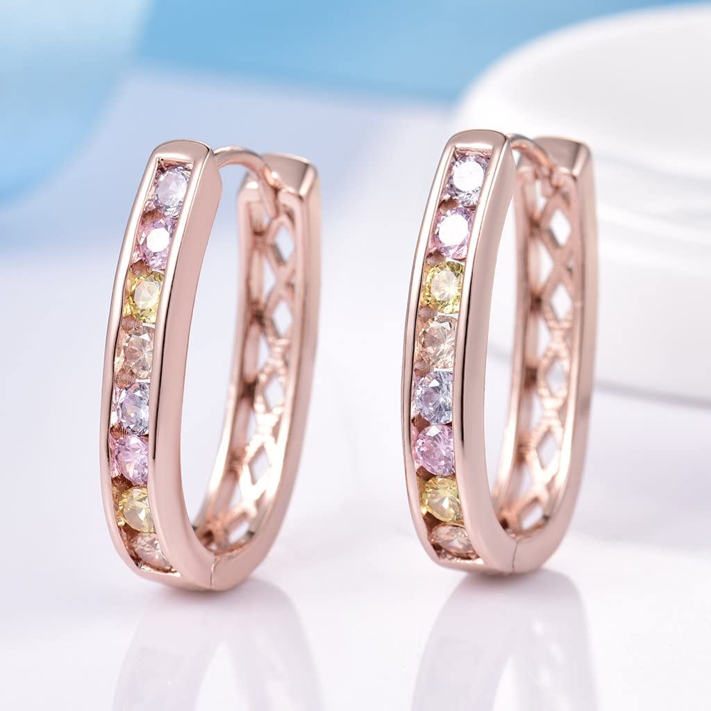 Elegance – Rose Gold Finish Multi-Colour Created Diamond Hoop Huggie Earrings for Womens