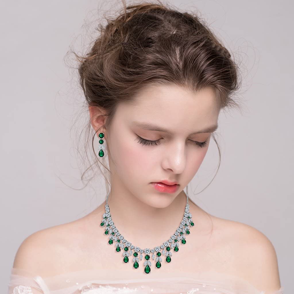 Riviera-Emerald Green Teardrop Necklace with Dangle Earrings Set