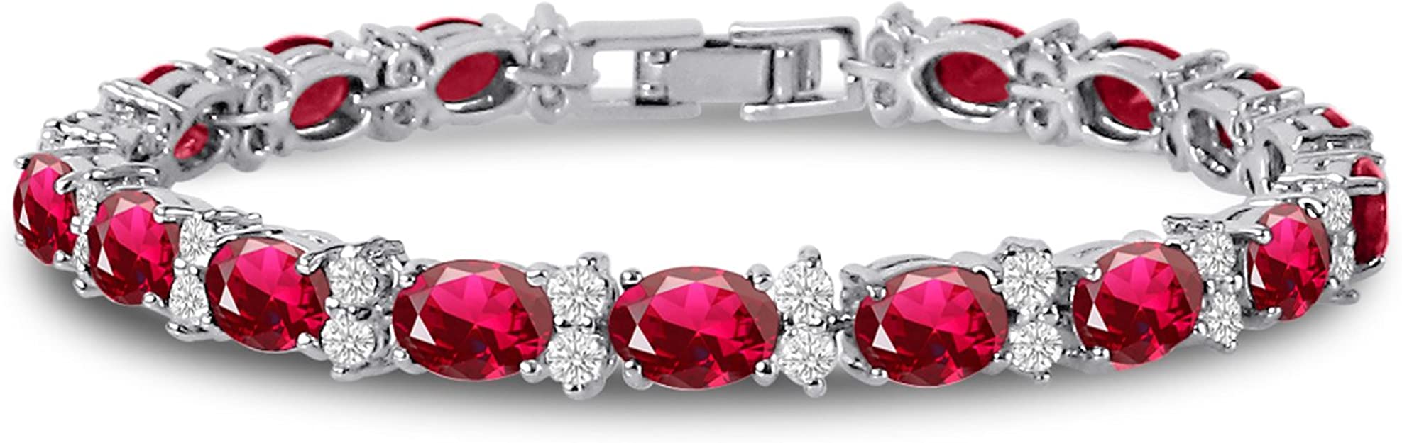 RIVIERA – White Gold Finish Tennis Bracelet Red Ruby Oval Gemstone With Created Diamonds