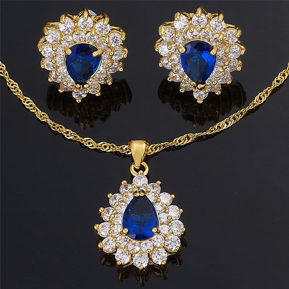 SULTANA – 18K Yellow Gold Finish Blue Sapphire Teardrop Jewellery Set With Cluster Created Diamond.