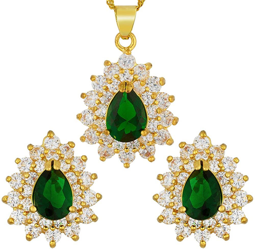 SULTANA – 18K Yellow Gold Finish Green Emerald Teardrop Jewellery Set With Cluster Created Diamond.