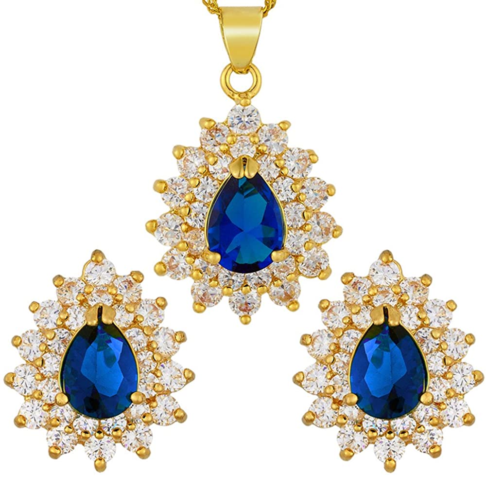 SULTANA – 18K Yellow Gold Finish Blue Sapphire Teardrop Jewellery Set With Cluster Created Diamond.