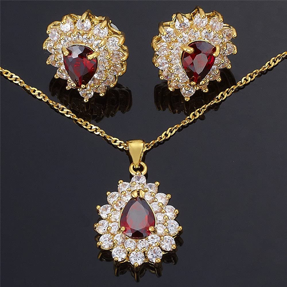 SULTANA – 18K Yellow Gold Finish Red Ruby Teardrop Jewellery Set With Cluster Created Diamond.