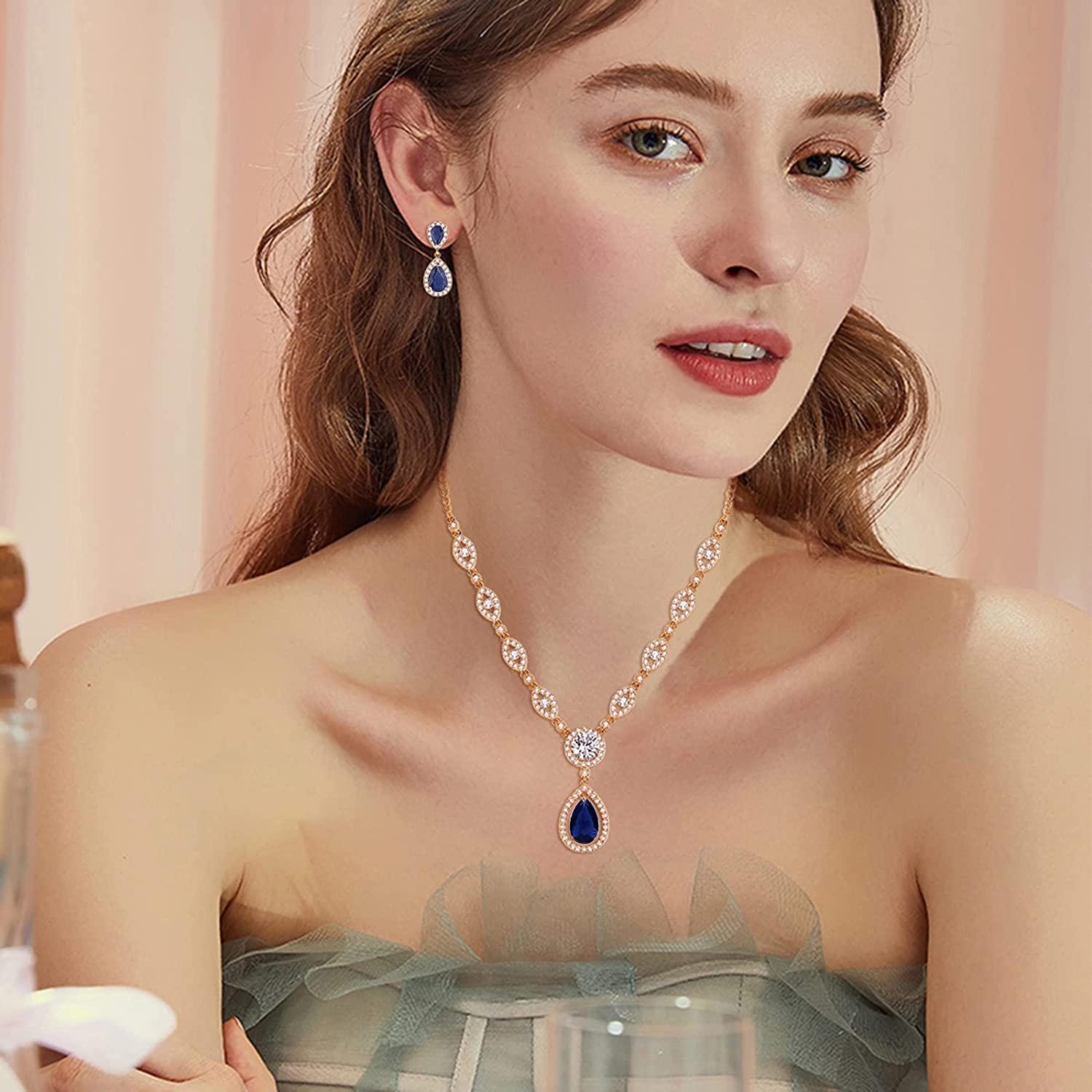 Sultana Rose Gold Women’s Party Blue Jewellery Set Earrings and Necklace