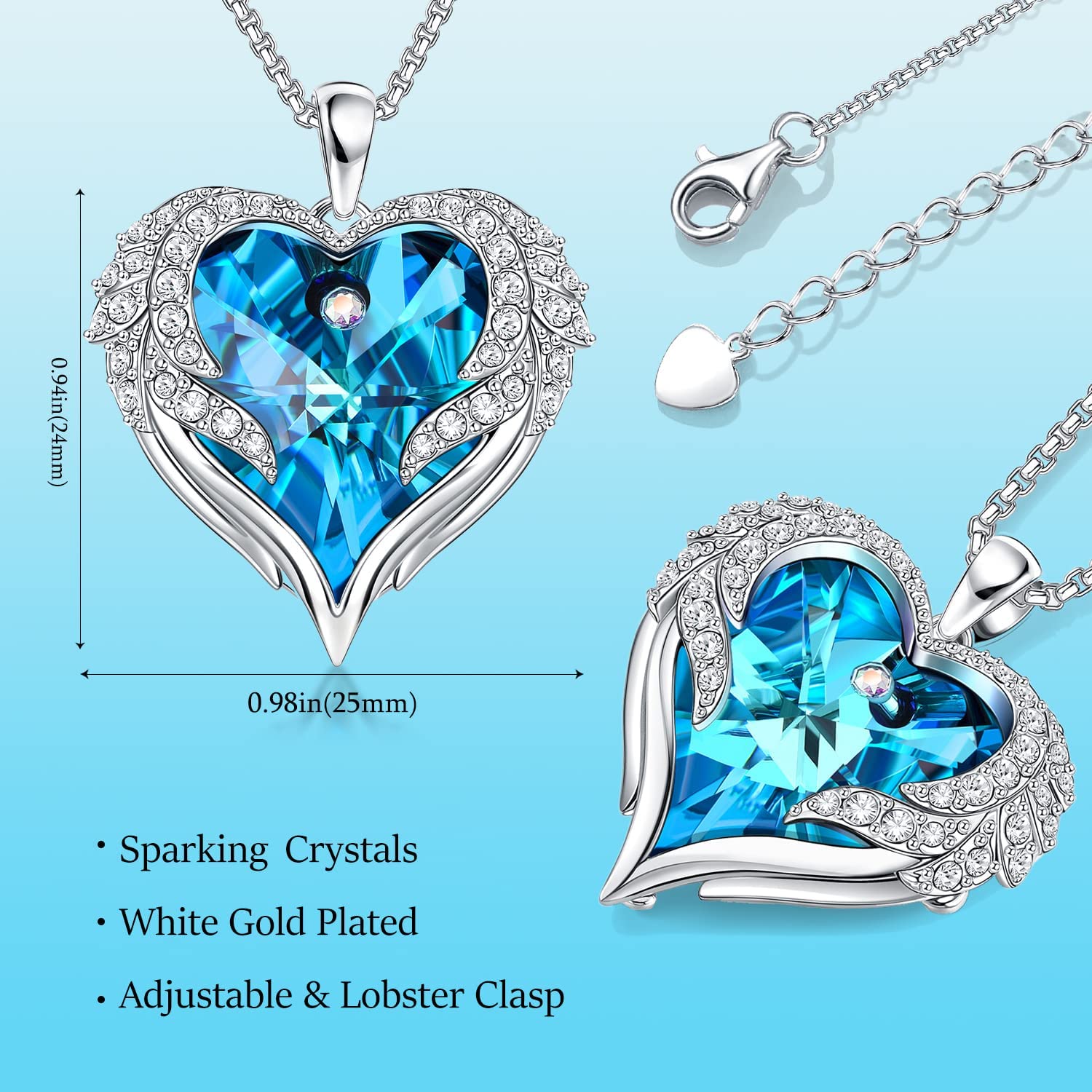 AMOUR – White Gold Finish Blue Heart Created Diamond Angel Wings Necklaces for Women