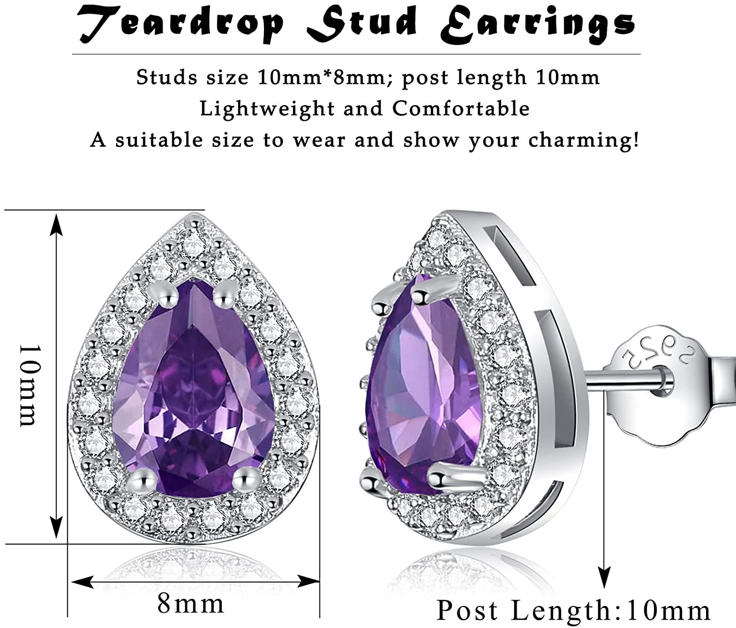 Riviera-February Birthstone Faux Diamond Teardrop Silver Stud Earrings