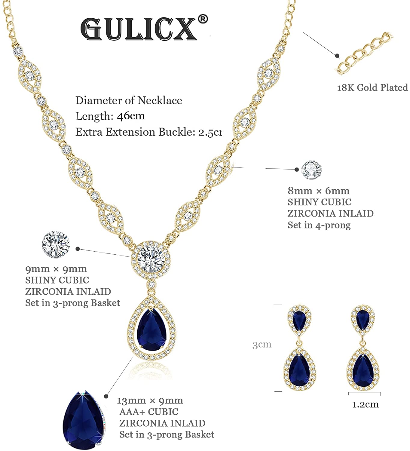 Sultana Yellow Gold Women’s Party Blue Jewellery Set Earrings and Necklace