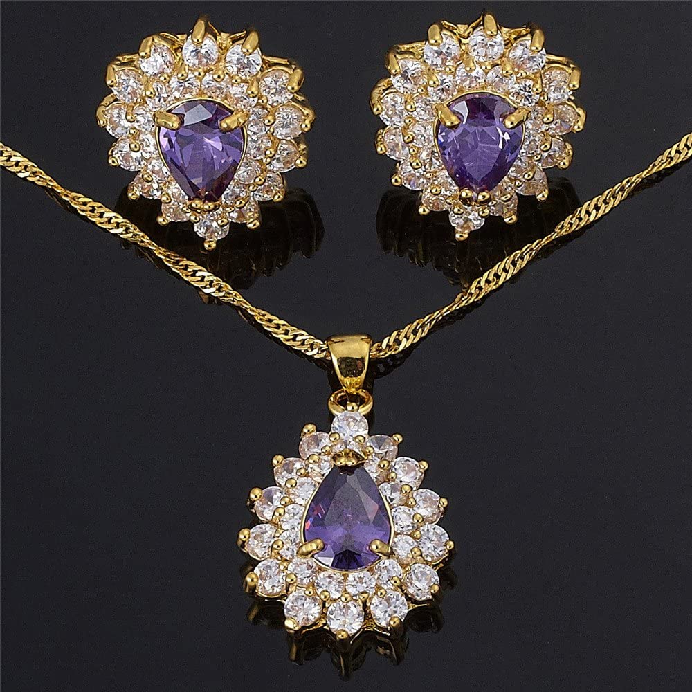 SULTANA – 18K Yellow Gold Finish Purple Amethyst Teardrop Jewellery Set With Cluster Created Diamond.