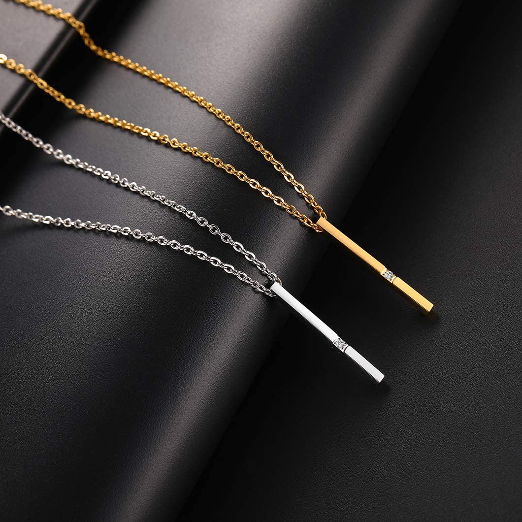 SIGNATURE – Stainless Steel Created Diamond Bar Pendant Necklace With Resizable Rolo Chain