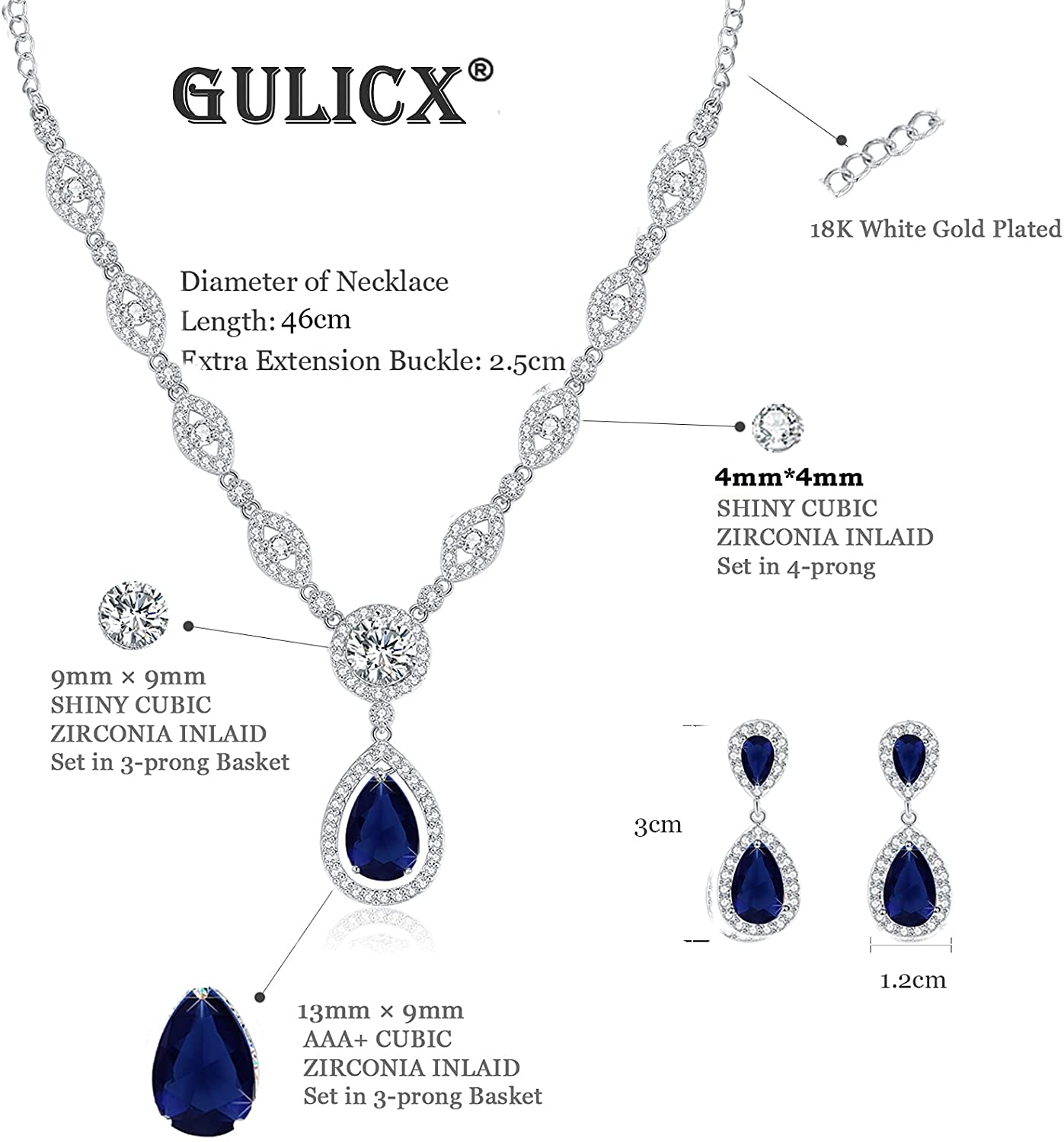 Sultana White Gold Women’s Party Blue Jewellery Set Earrings and Silver Plated Necklace