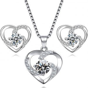 Amour – 925 Sterling Silver Women’s Heart Clear White Necklace and Earrings Set