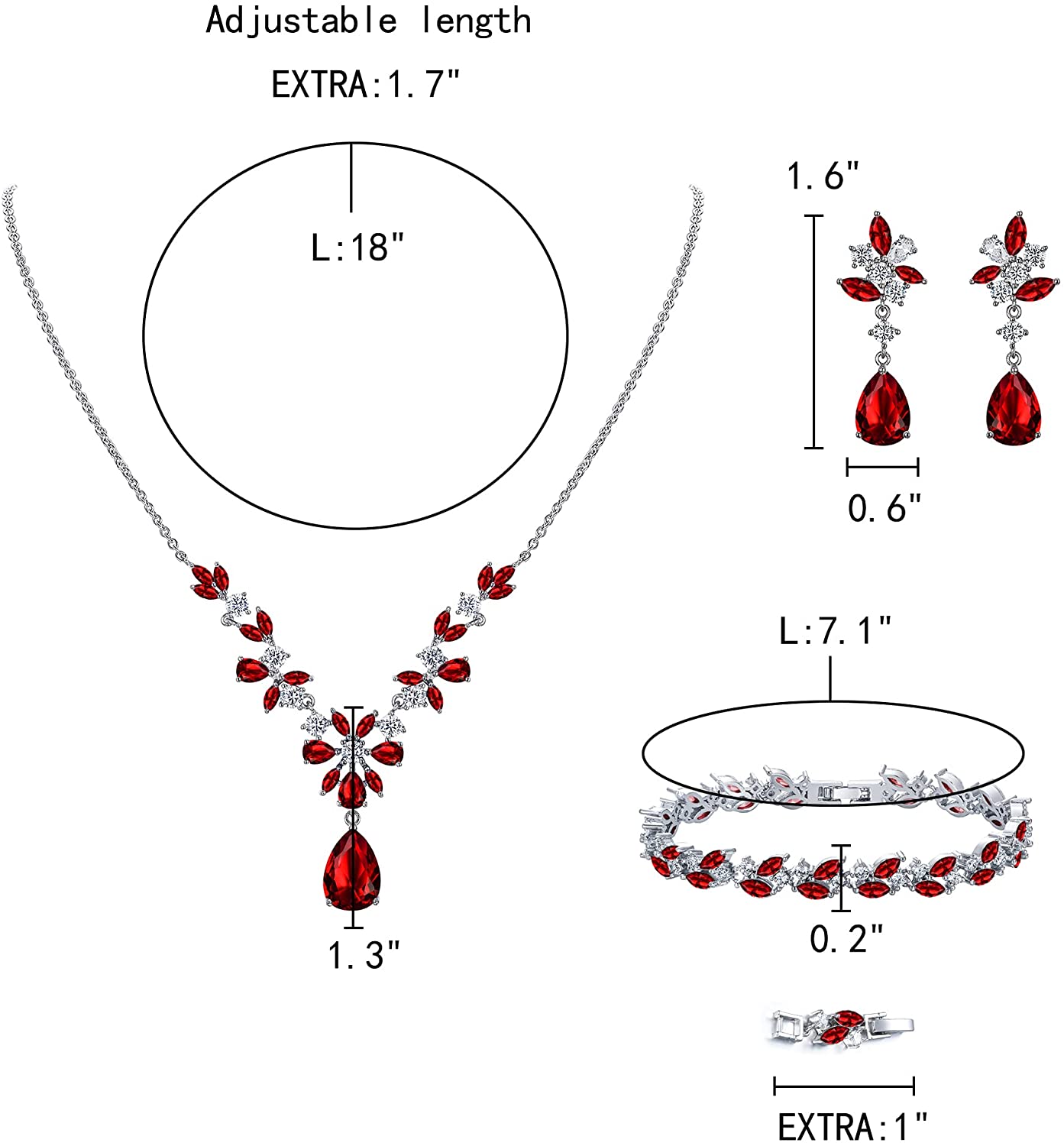 SULTANA – White Gold Finish Created Diamond Red Chandelier Jewellery set (Marquees/pear cut frost theme)