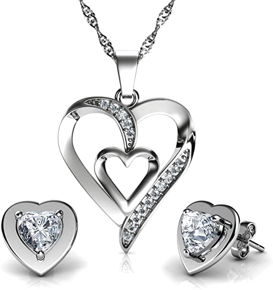 White Gold Finish Heart Cut Created Diamond Cluster Stud Earrings and Pendant Necklace Jewellery Set