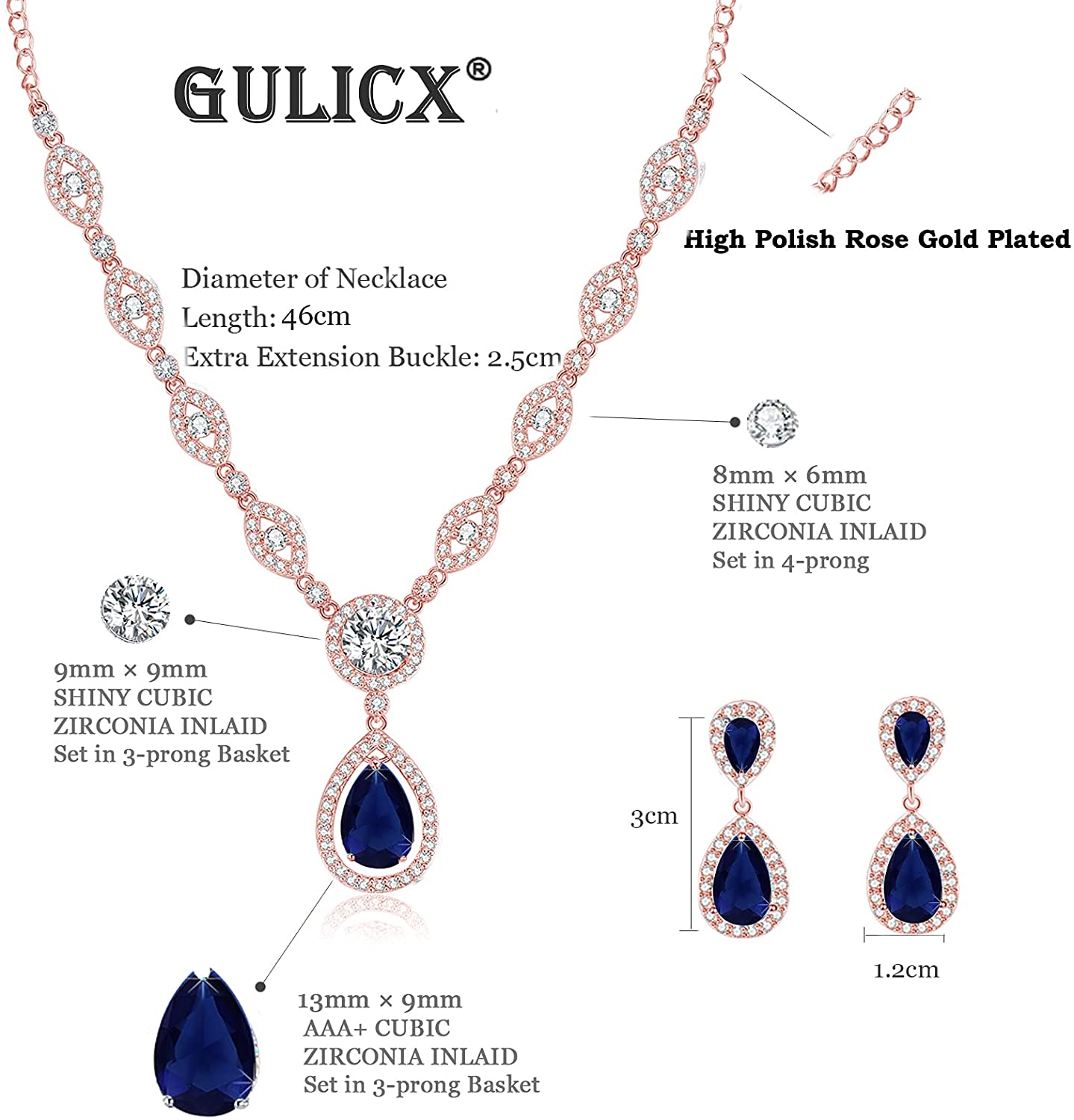 Sultana Rose Gold Women’s Party Blue Jewellery Set Earrings and Necklace