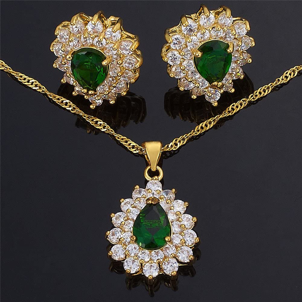 SULTANA – 18K Yellow Gold Finish Green Emerald Teardrop Jewellery Set With Cluster Created Diamond.