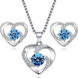 Amour – 925 Sterling Silver Women’s Heart Blue Necklace and Earrings Set