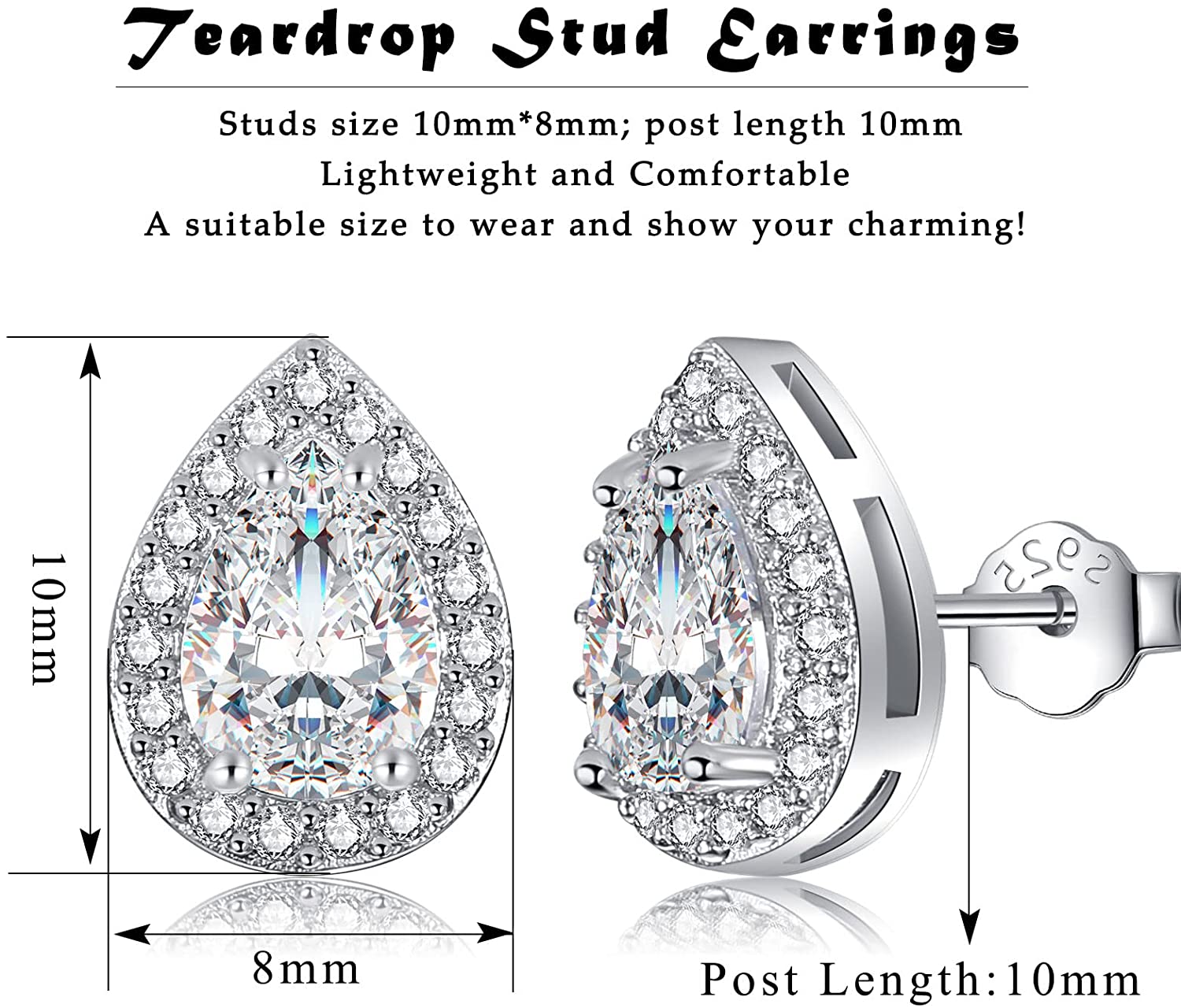 Riviera-April Birthstone Faux Diamond Teardrop Silver Stud Earrings