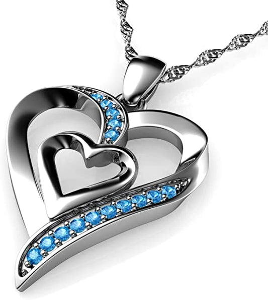 White Gold Finish Aquamarine Heart Cut Round Cut Created Diamonds Cluster Pendant Necklace