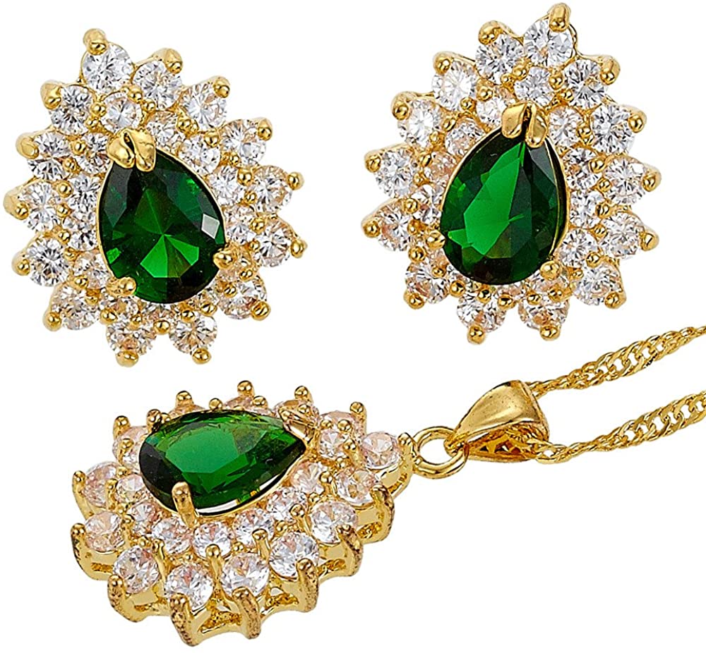 SULTANA – 18K Yellow Gold Finish Green Emerald Teardrop Jewellery Set With Cluster Created Diamond.