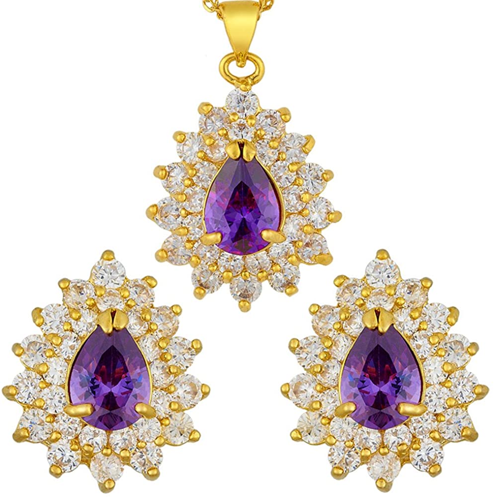 SULTANA – 18K Yellow Gold Finish Purple Amethyst Teardrop Jewellery Set With Cluster Created Diamond.