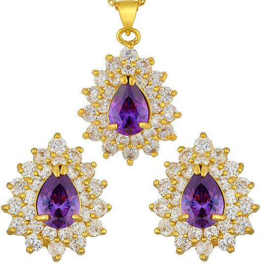 SULTANA – 18K Yellow Gold Finish Purple Amethyst Teardrop Jewellery Set With Cluster Created Diamond.