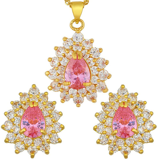 SULTANA – 18K Yellow Gold Finish Pink Sapphire Teardrop Jewellery Set With Cluster Created Diamond.