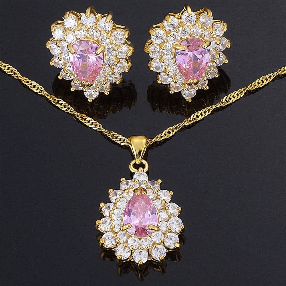 SULTANA – 18K Yellow Gold Finish Pink Sapphire Teardrop Jewellery Set With Cluster Created Diamond.