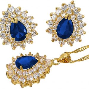 SULTANA – 18K Yellow Gold Finish Blue Sapphire Teardrop Jewellery Set With Cluster Created Diamond.