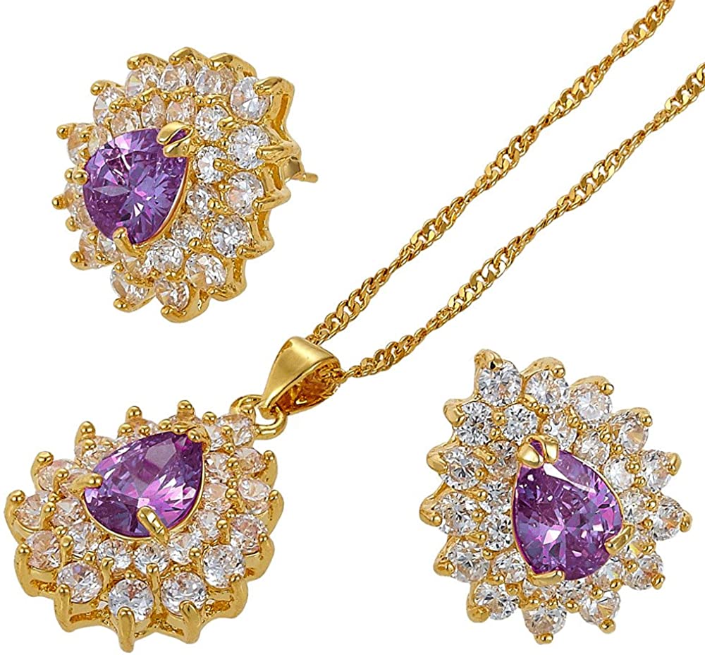 SULTANA – 18K Yellow Gold Finish Purple Amethyst Teardrop Jewellery Set With Cluster Created Diamond.