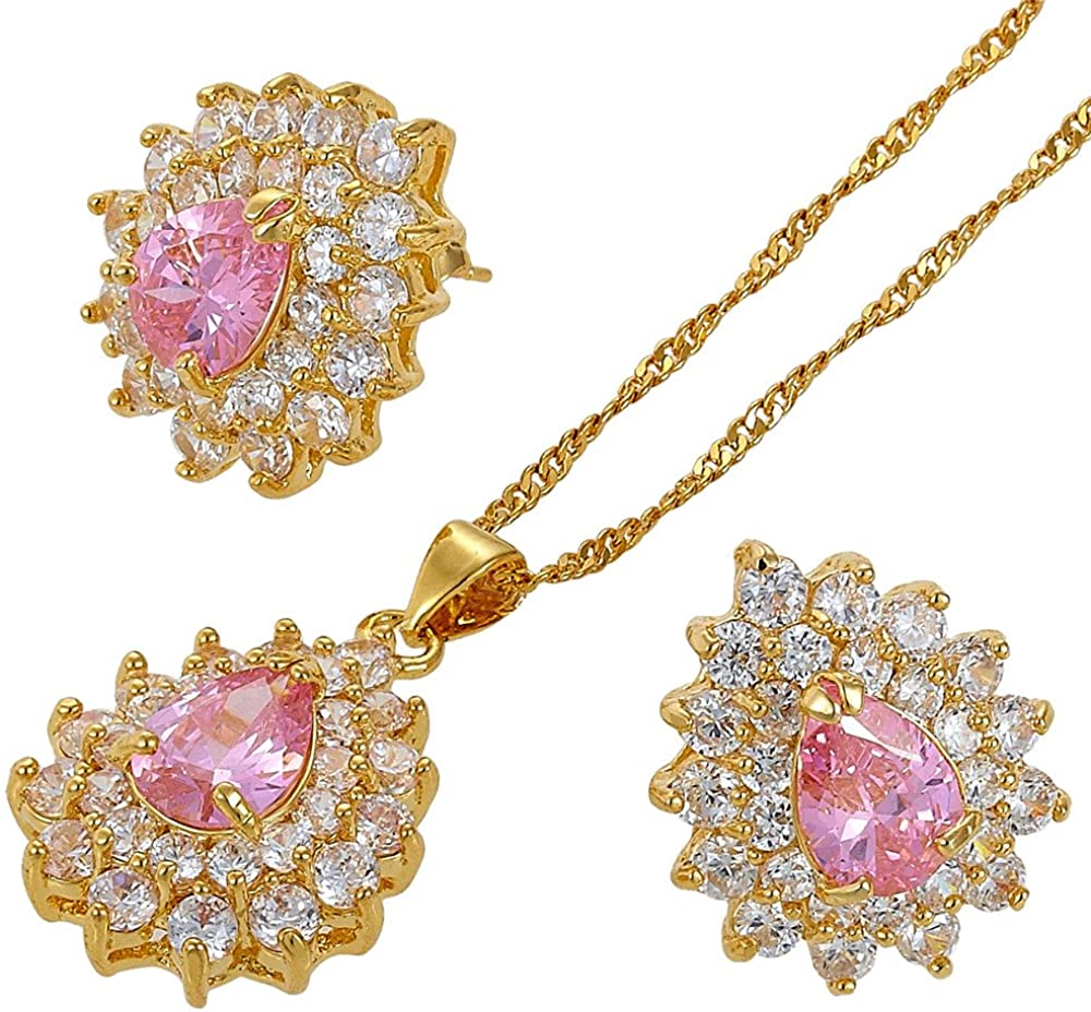 SULTANA – 18K Yellow Gold Finish Pink Sapphire Teardrop Jewellery Set With Cluster Created Diamond.