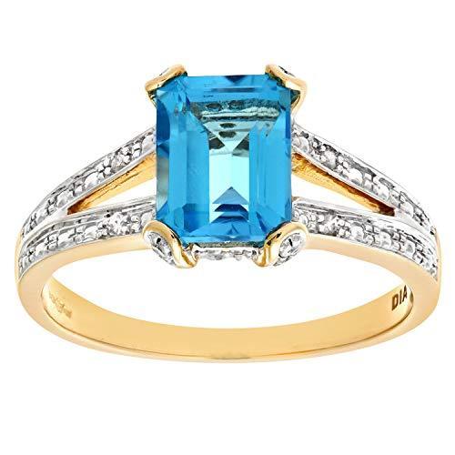 Women’s 9 ct Yellow Gold Single Stone Diamond Set Collette and Shoulders with Blue Topaz Ring