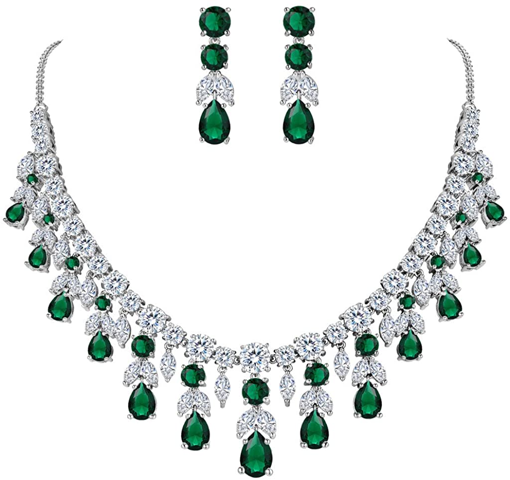 Riviera-Emerald Green Teardrop Necklace with Dangle Earrings Set