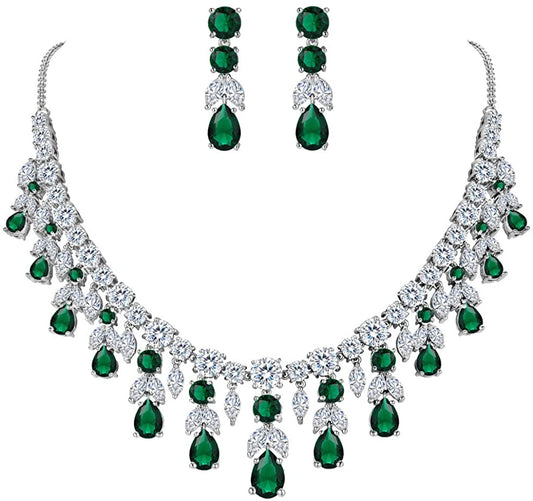 Riviera-Emerald Green Teardrop Necklace with Dangle Earrings Set