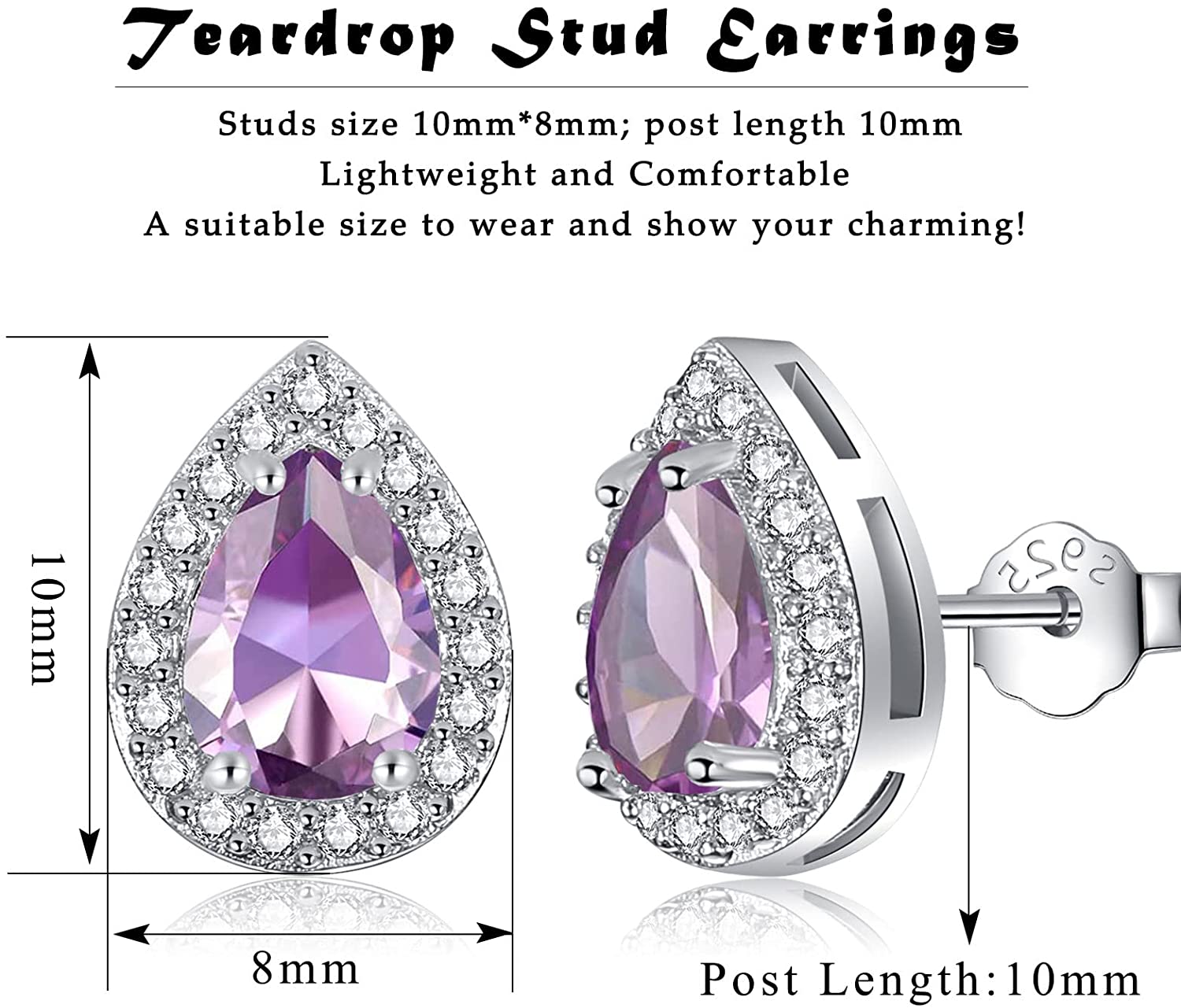 Riviera-June Birthstone Faux Diamond Teardrop Silver Stud Earrings