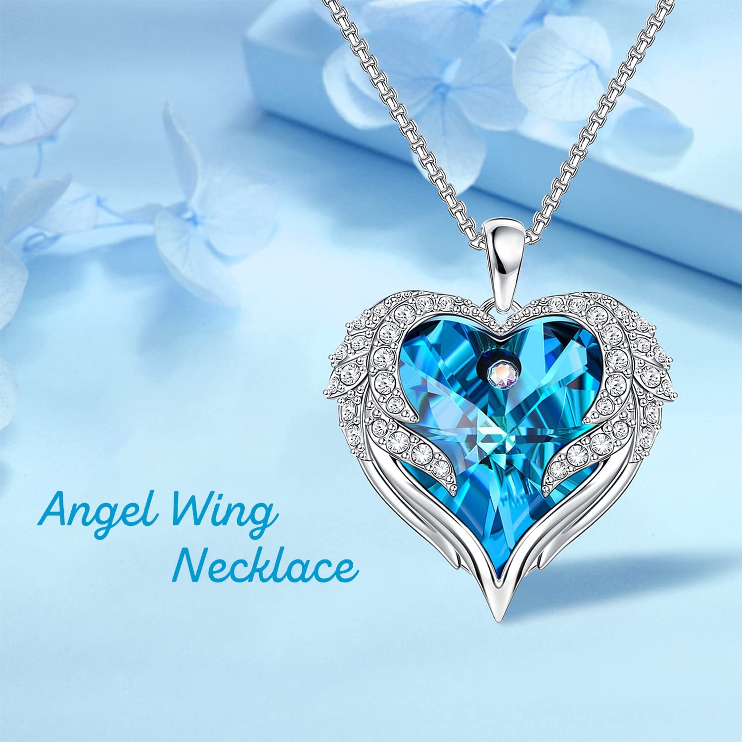 AMOUR – White Gold Finish Blue Heart Created Diamond Angel Wings Necklaces for Women