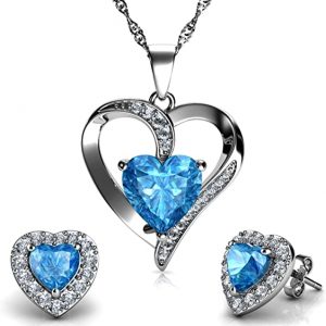 White Gold Finish Aquamarine Heart Cut Swirl Created Diamond Stud Earrings Pendant Necklace Jewellery Set