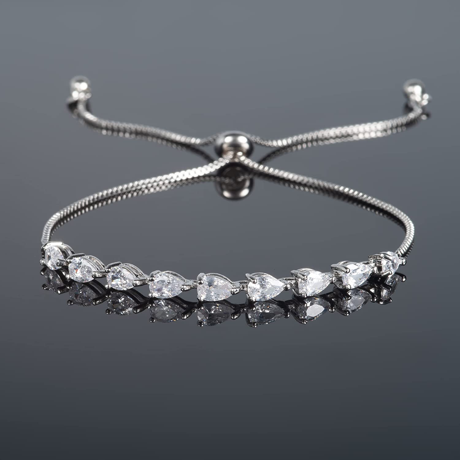 SIGNATURE – Rhodium Plated Linear Pear Shapes Created Diamond Adjustable Bracelets for Womens