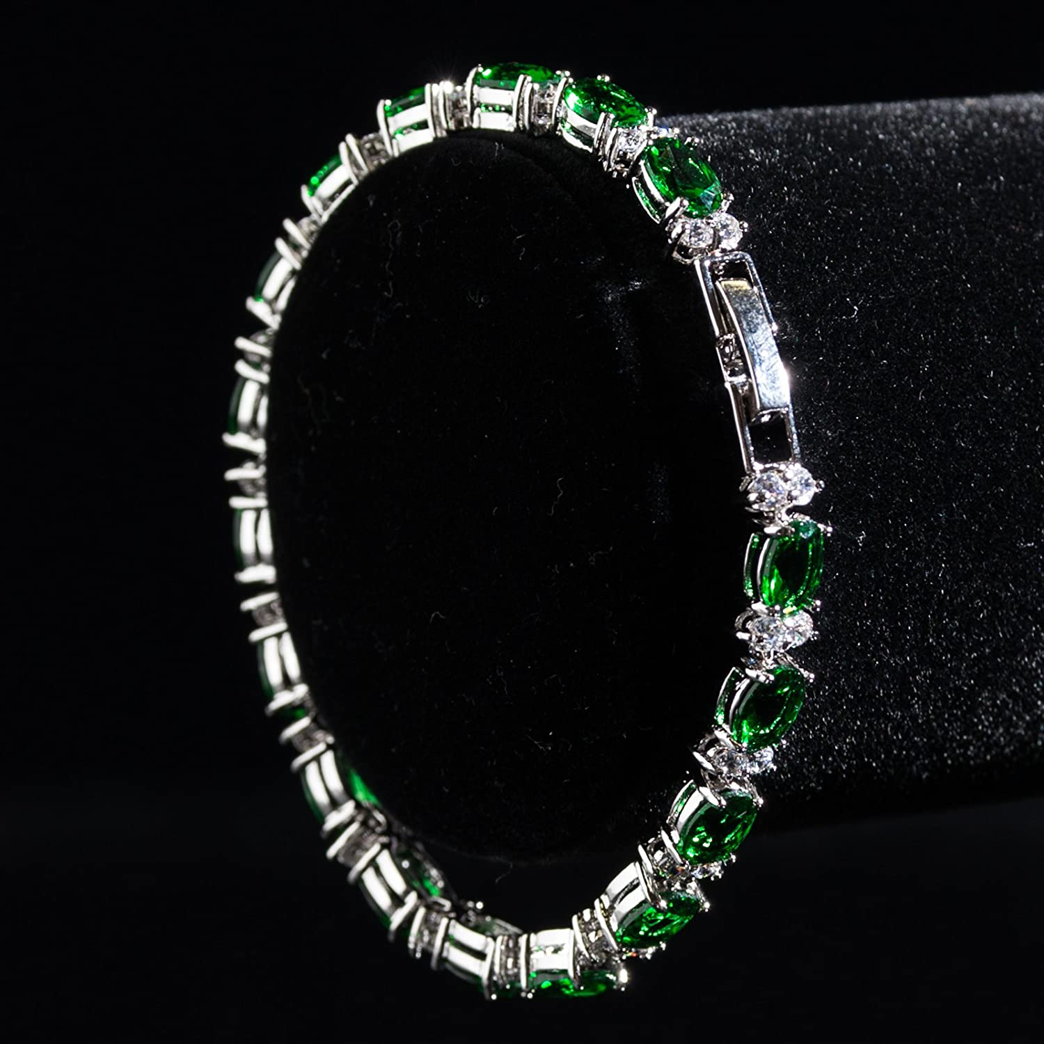 RIVIERA – White Gold Finish Tennis Bracelet Green Emerald Oval Gemstone With Created Diamonds