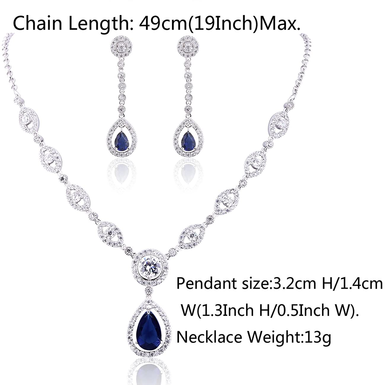 Sultana White Gold Women’s Party Blue Jewellery Set Dangled Earrings and Silver Necklace