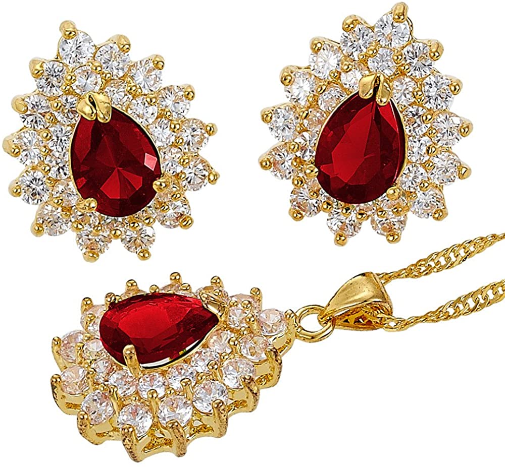 SULTANA – 18K Yellow Gold Finish Red Ruby Teardrop Jewellery Set With Cluster Created Diamond.