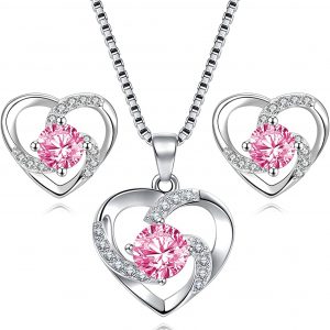 Amour – 925 Sterling Silver Women’s Heart Pink Necklace and Earrings Set