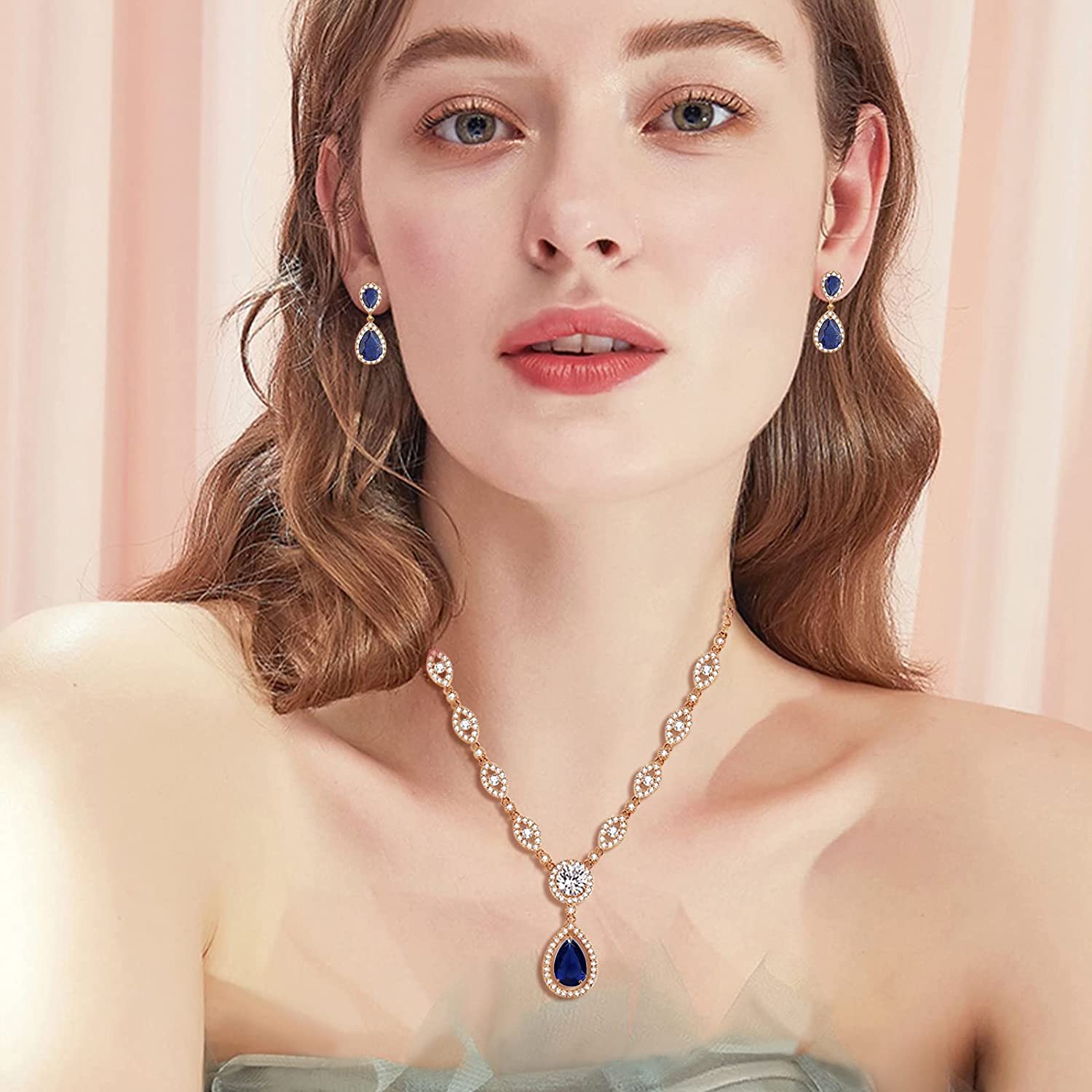 Sultana Rose Gold Women’s Party Blue Jewellery Set Earrings and Necklace