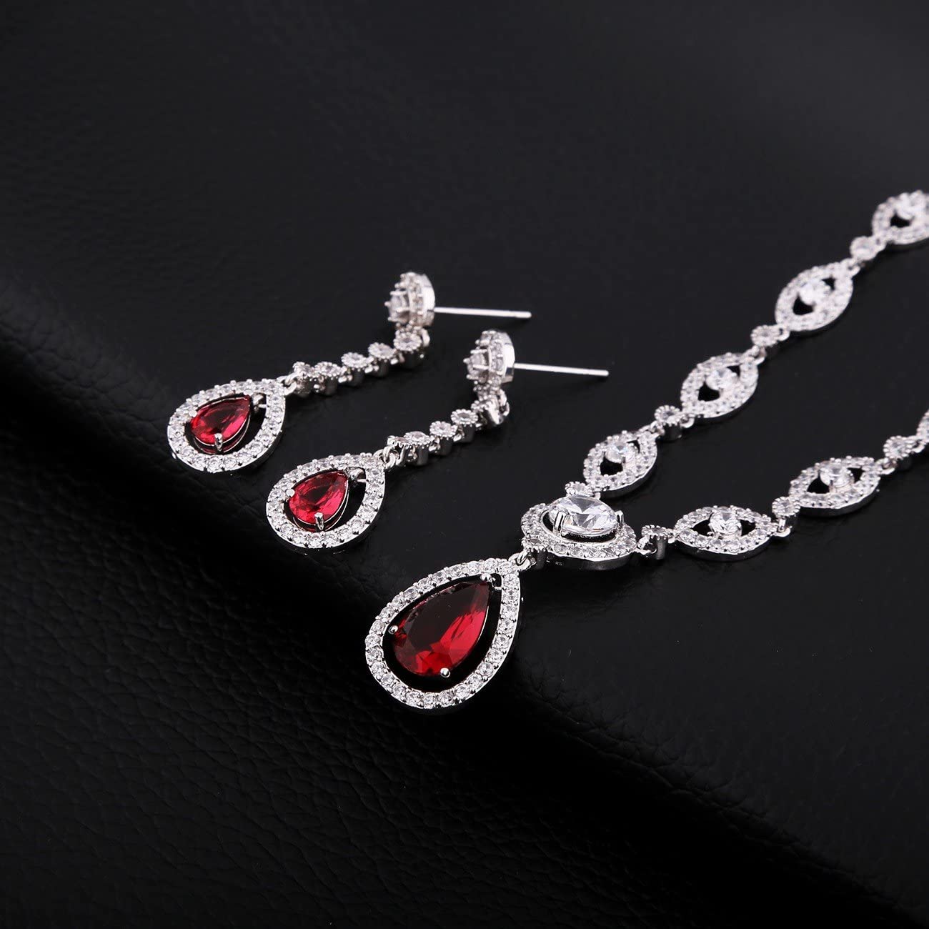 Sultana White Gold Women’s Party Red Jewellery Set Dangled Earrings and Silver Necklace Plated