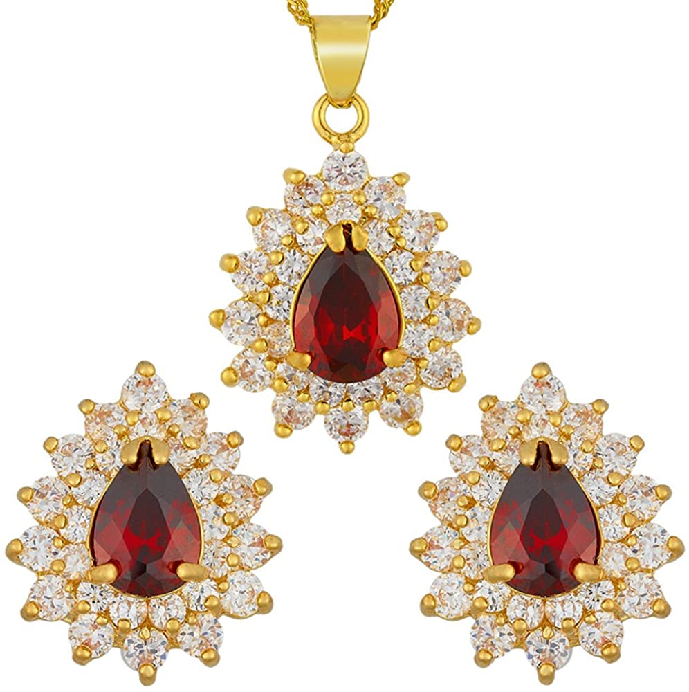 SULTANA – 18K Yellow Gold Finish Red Ruby Teardrop Jewellery Set With Cluster Created Diamond.